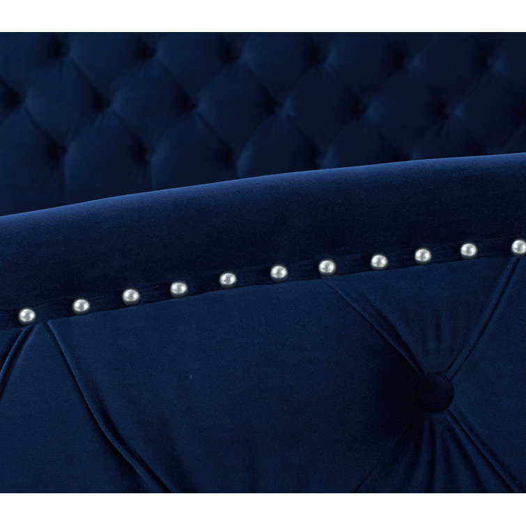 Navy Blue Velvet Tufted Queen Bed with Nailhead Trim