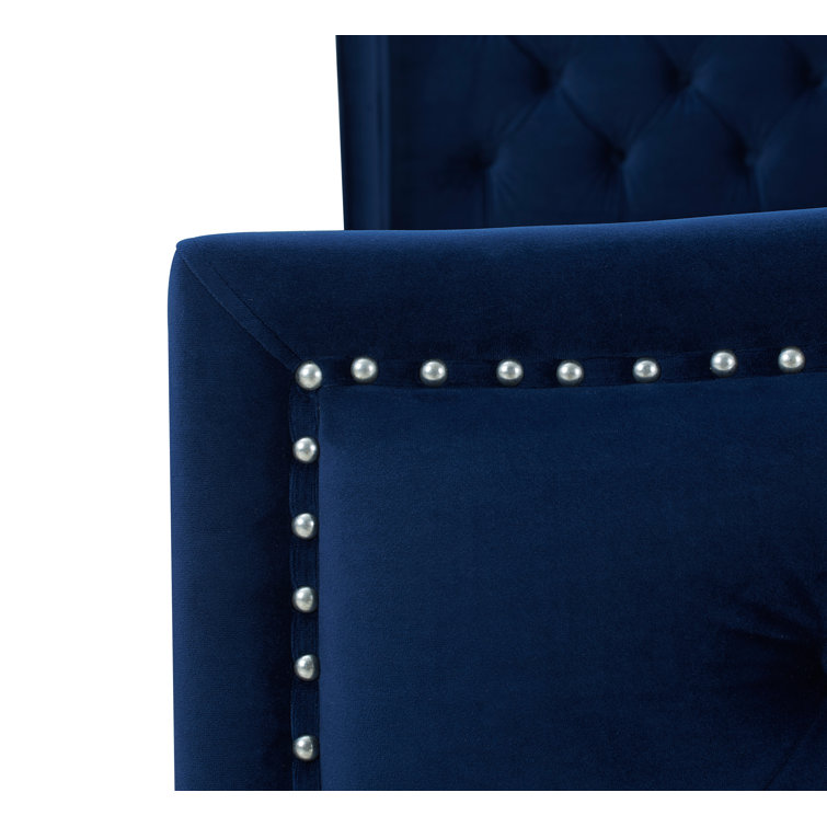 Navy Blue Velvet Tufted Queen Bed with Nailhead Trim