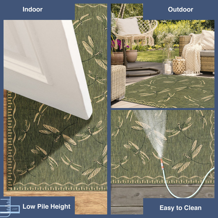 Carmel Dragonfly Green Rectangular Easy-Care Outdoor Rug