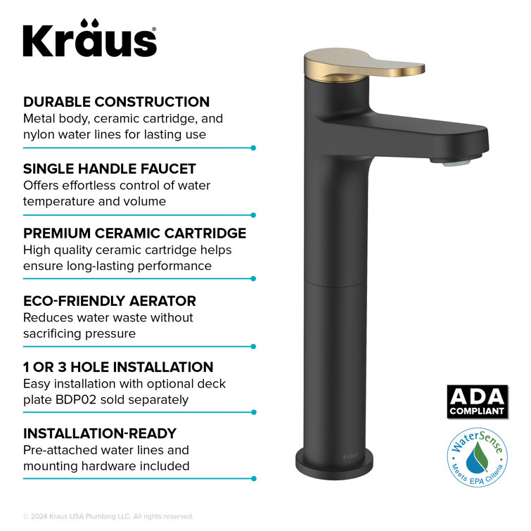 Spot-Free Brushed Brass and Matte Black Vessel Sink Faucet