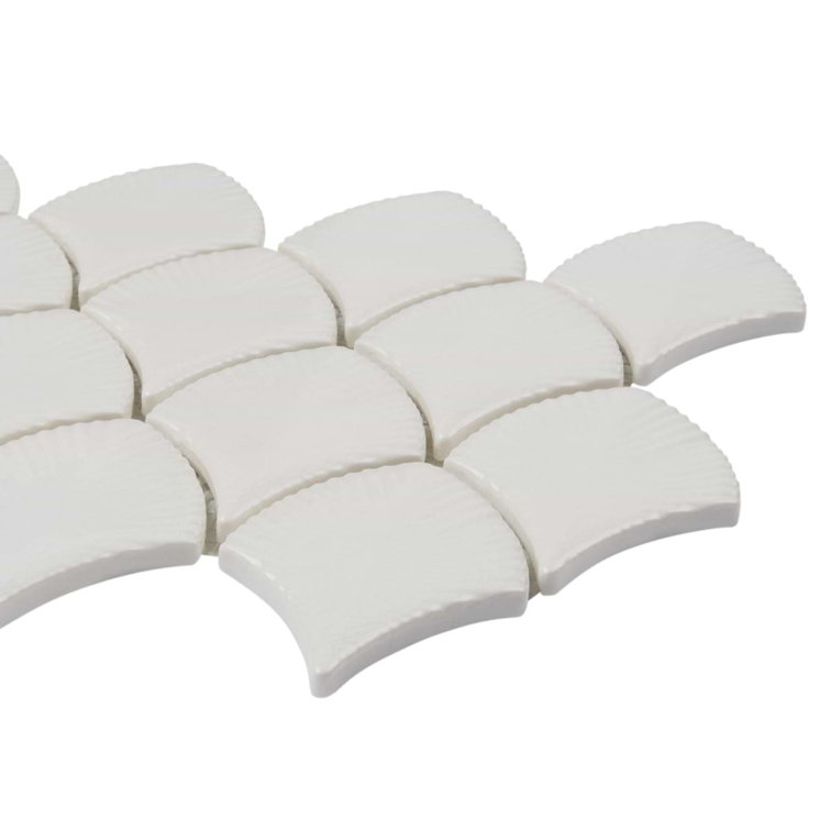 Blanco White Glossy Glass Fishscale Mosaic Wall Tile Sheet