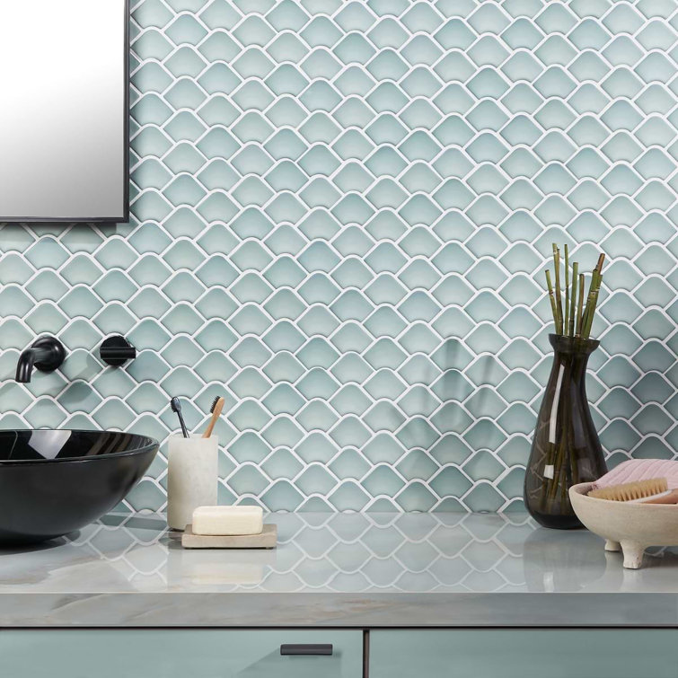 Blue Fish Scale Glass Mosaic Wall Tile 13x13