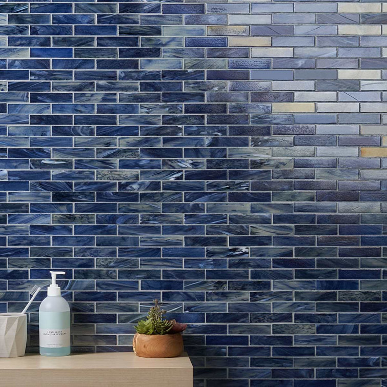 Sky Blue Polished Glass Mosaic Wall Tile 12-in x 12-in