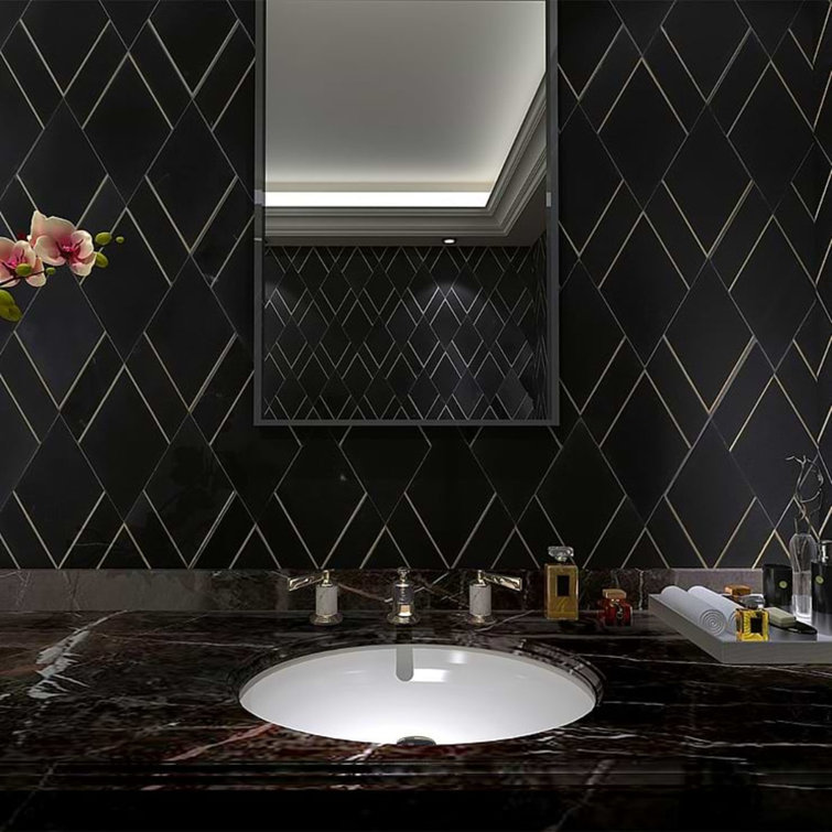 Nero Polished Marble and Brass Diamond Wall Tile