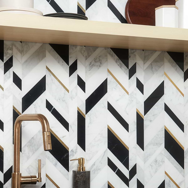 Xander Polished Marble and Brass Chevron Wall Mosaic Tile