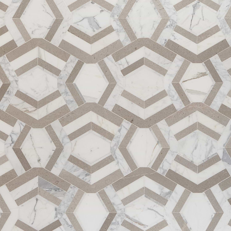 Cream and Gray Polished Marble Geometric Mosaic Tile