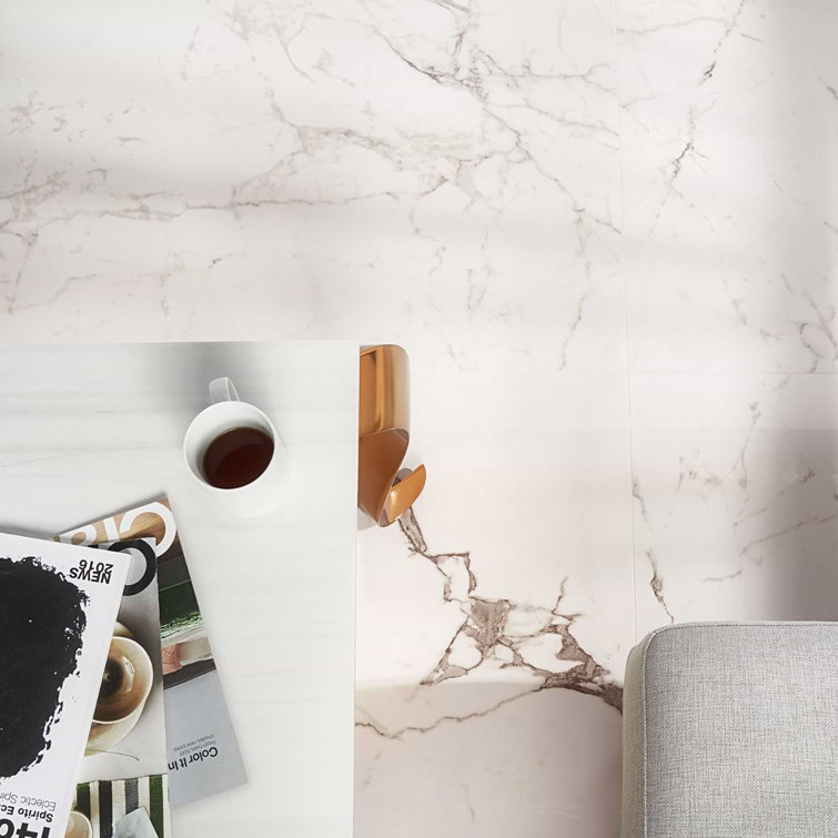 Large Format White Polished Porcelain Marble Look Tile