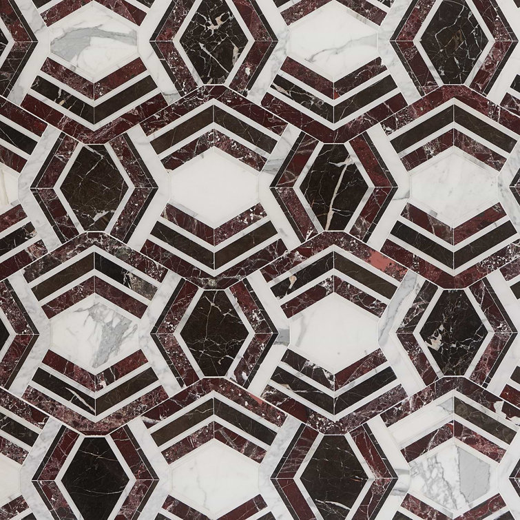 Bordeaux and Maroon Geometric Marble Mosaic Tile 11x18
