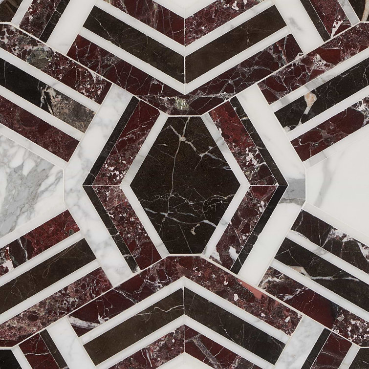 Bordeaux and Maroon Geometric Marble Mosaic Tile 11x18