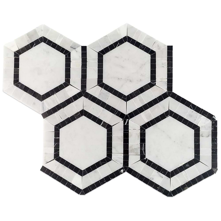 Carrara White and Black Marble Hexagon Mosaic Tile