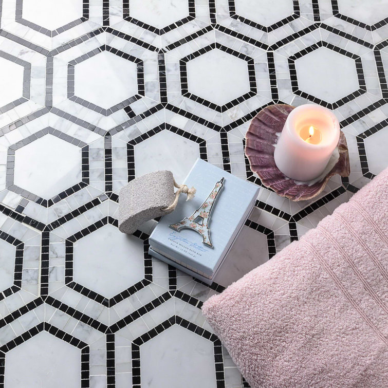 Carrara White and Black Marble Hexagon Mosaic Tile
