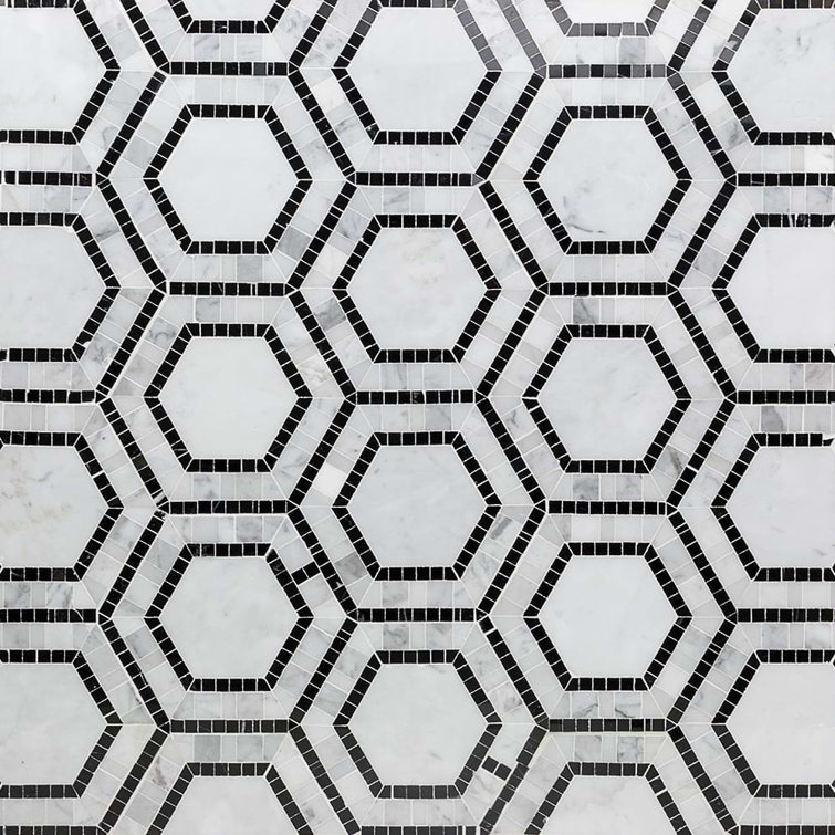 Carrara White and Black Marble Hexagon Mosaic Tile