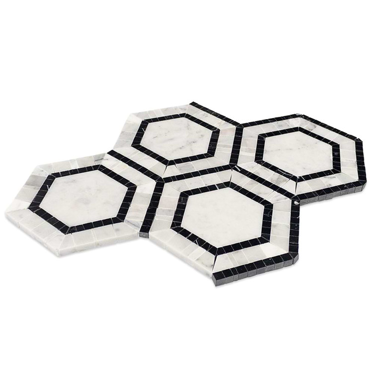Carrara White and Black Marble Hexagon Mosaic Tile