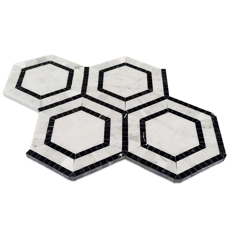 Carrara White and Black Marble Hexagon Mosaic Tile