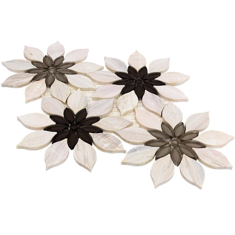 Thistle Ivory and Black Polished Marble Mosaic Tile Sheet