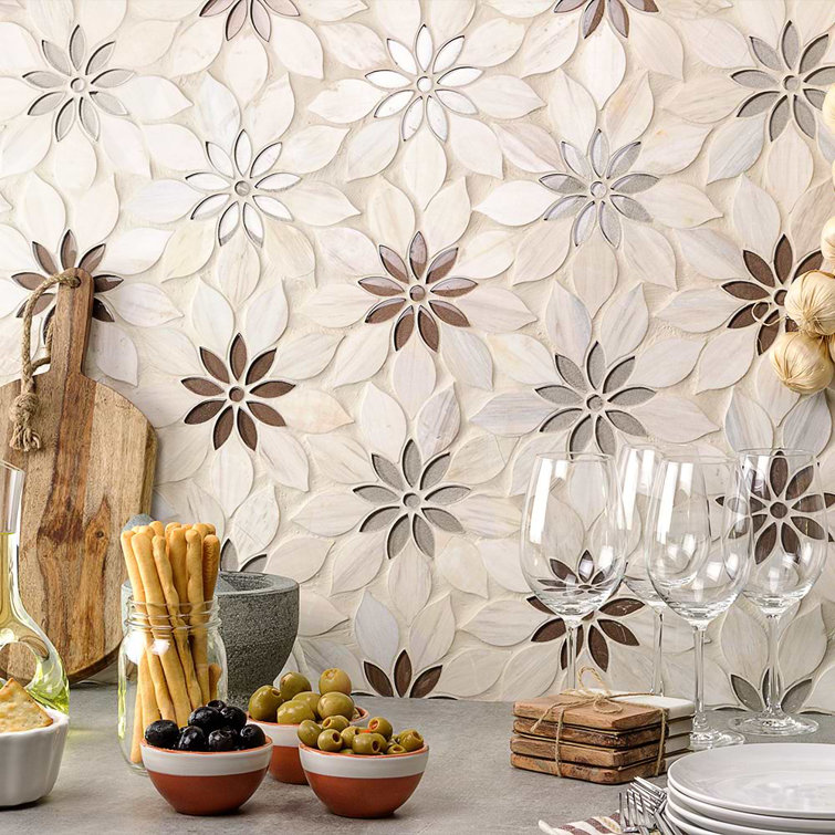 Thistle Ivory and Black Polished Marble Mosaic Tile Sheet