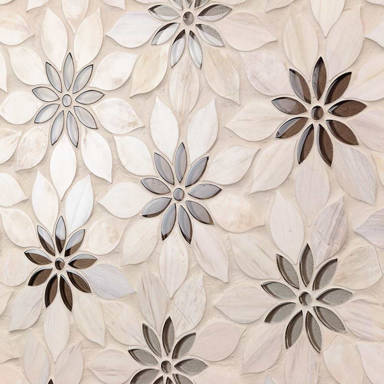 Thistle Ivory and Black Polished Marble Mosaic Tile Sheet