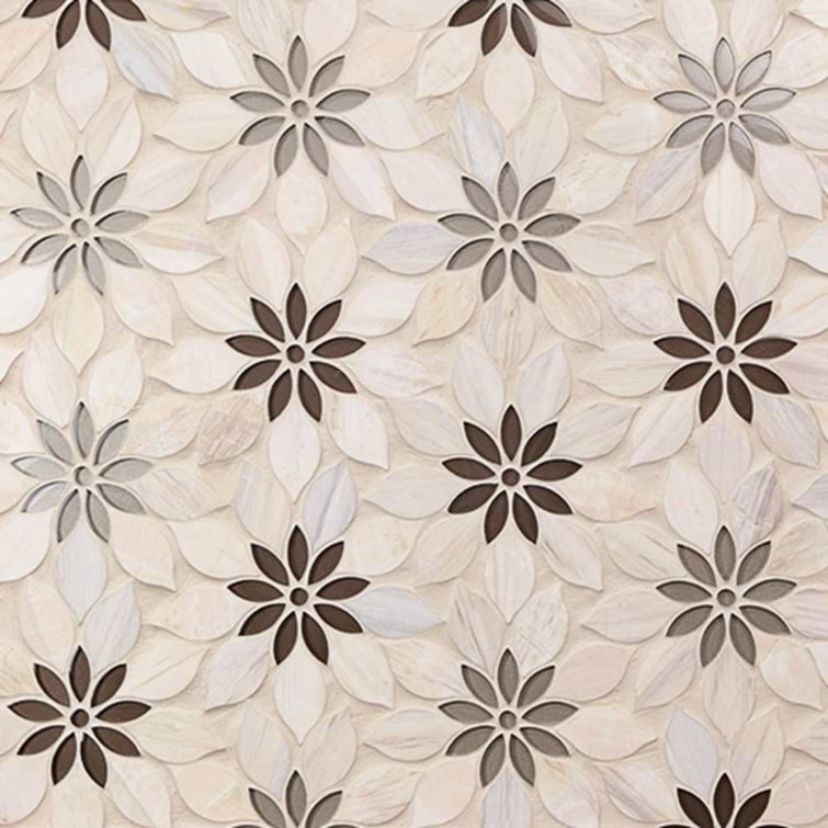Thistle Ivory and Black Polished Marble Mosaic Tile Sheet