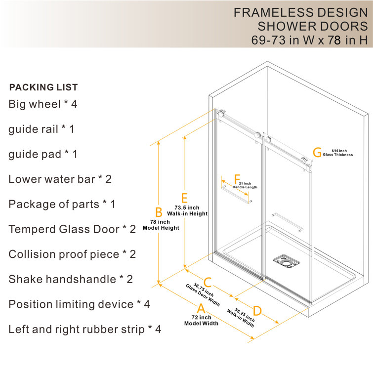 73 in Brushed Silver Frameless Double Sliding Shower Door