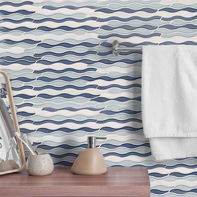 Blue and White Wavy Glass Mosaic Tile