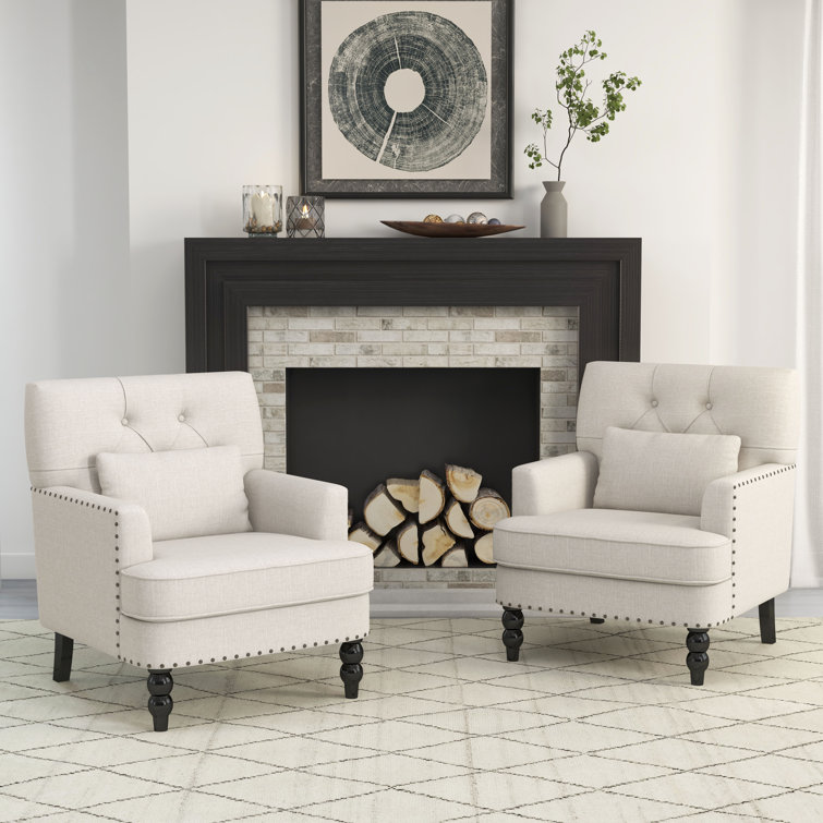 Beige Tufted Armchair Set with Dark Wood Legs