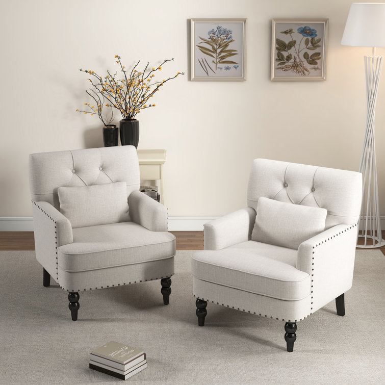 Beige Tufted Armchair Set with Dark Wood Legs