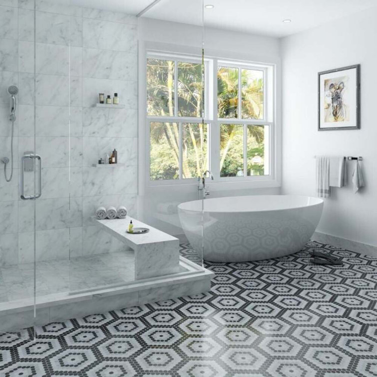 Hyperion Black and White Hexagon Marble Mosaic Tile Sheet