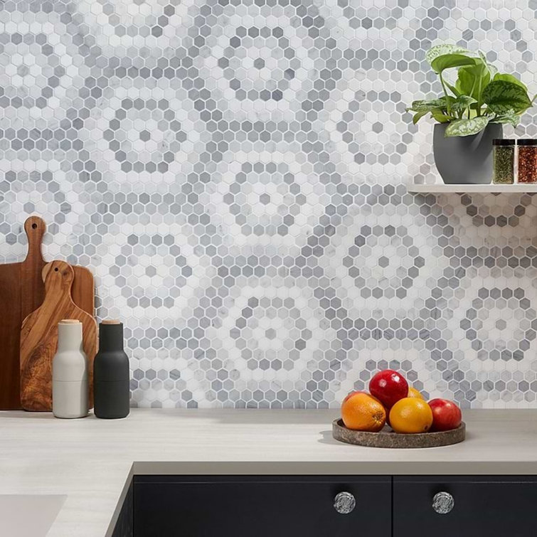 Gray and White Polished Marble Hexagon Mosaic Tile Sheet