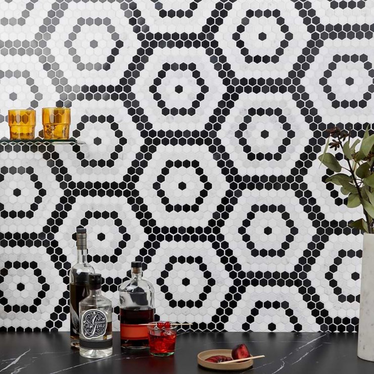 Hyperion Black and White Hexagon Marble Mosaic Tile Sheet