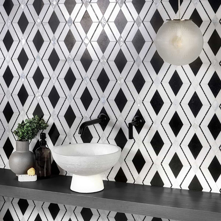 Spencer 10-in x 10-in Polished Black and White Marble Mosaic Tile
