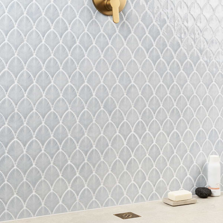 Sky Blue Polished Glass Fishscale Mosaic Wall Tile 9x12