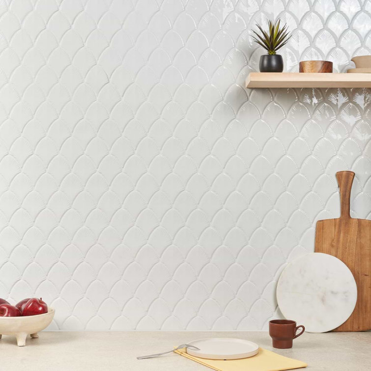 Blanco White Glossy Glass Fishscale Mosaic Wall Tile Sheet
