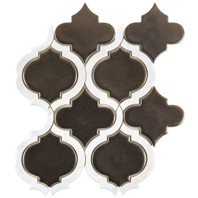 Metallic Copper and White Ceramic Arabesque Mosaic Tile Sheet