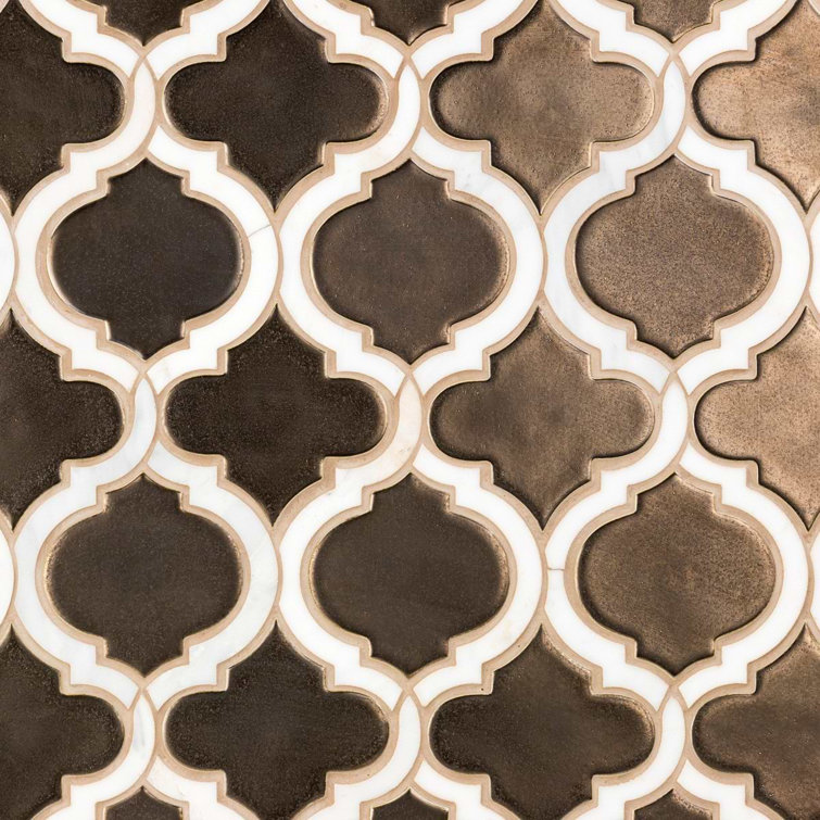 Metallic Copper and White Ceramic Arabesque Mosaic Tile Sheet