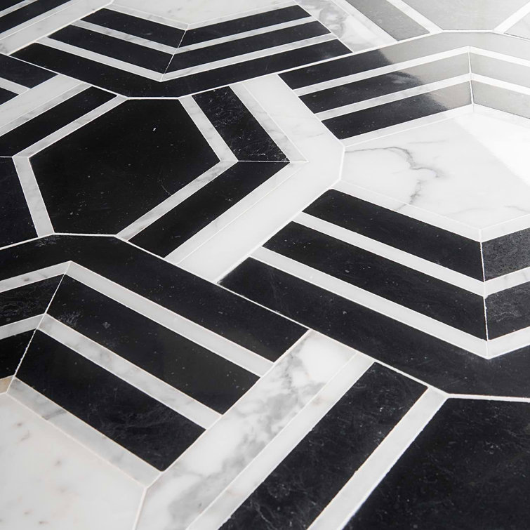 Black and White Geometric Marble Mosaic Tile for Indoor/Outdoor Use