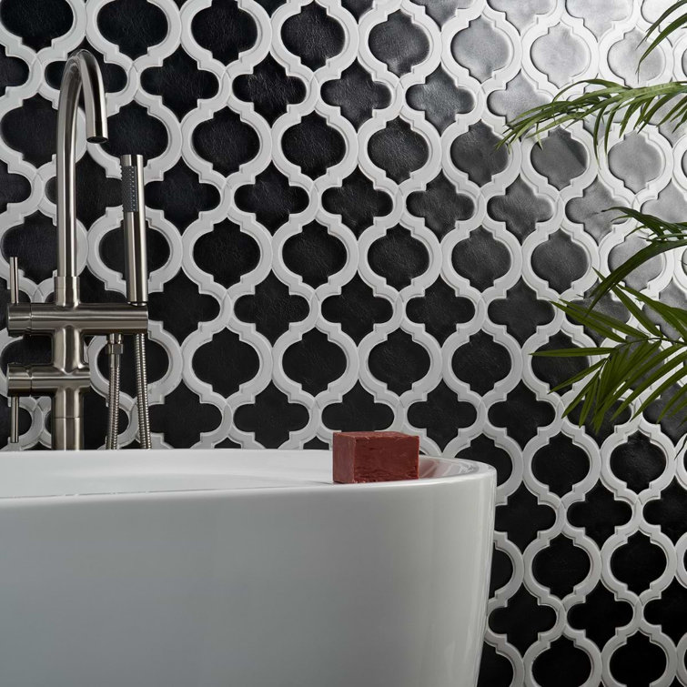 Metallic Copper and White Ceramic Arabesque Mosaic Tile Sheet