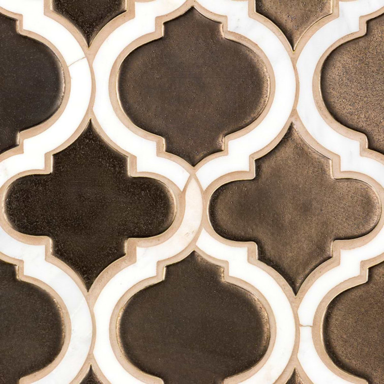 Metallic Copper and White Ceramic Arabesque Mosaic Tile Sheet