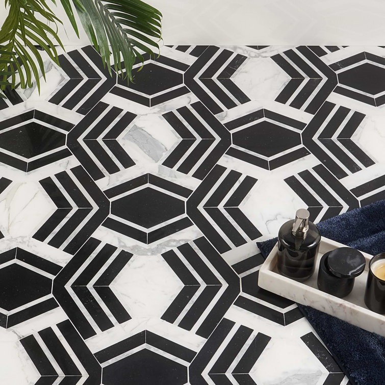 Black and White Geometric Marble Mosaic Tile for Indoor/Outdoor Use