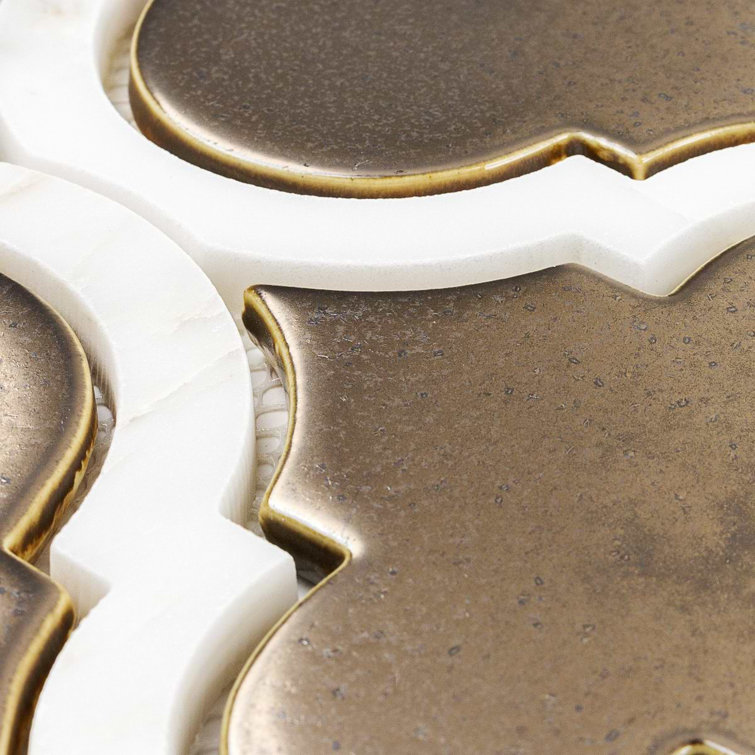 Metallic Copper and White Ceramic Arabesque Mosaic Tile Sheet