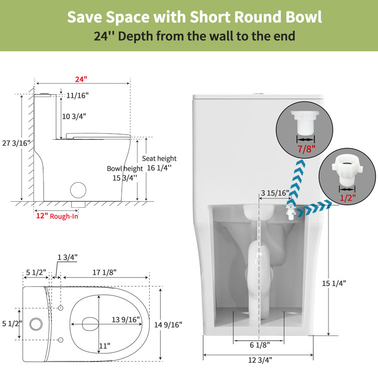 Gloss White Round One-Piece Dual Flush Toilet with Soft Close Seat
