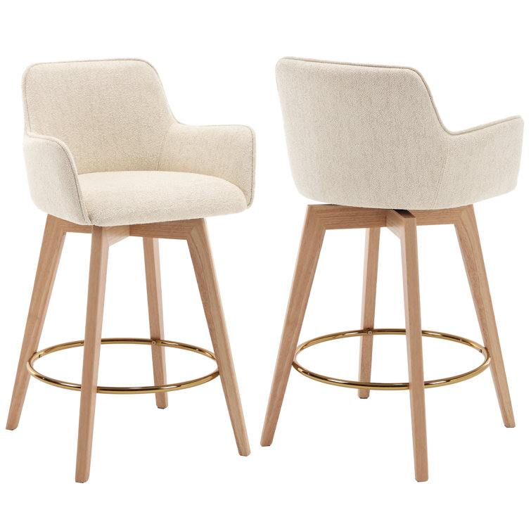 Beige Linen and Natural Wood Swivel Counter Stools, Set of 2