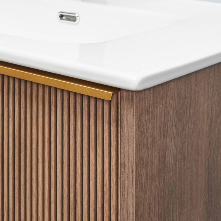 Demeter 40" Medium Brown MDF Wall Mounted Vanity with White Ceramic Top