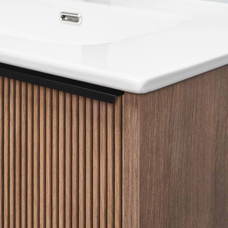 Demeter Medium Brown MDF Wall Mounted Vanity with White Ceramic Sink