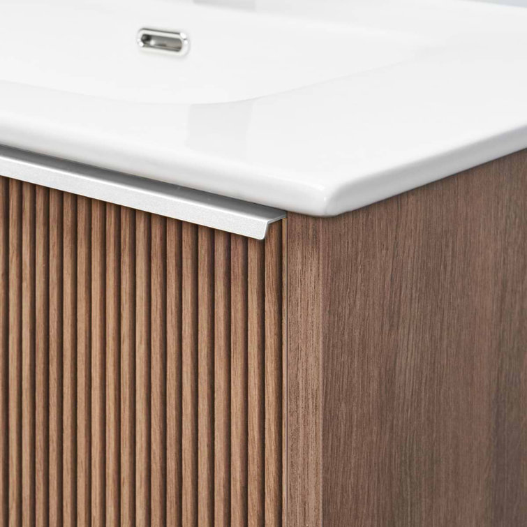 40" Medium Brown MDF Wall-Mounted Vanity with White Ceramic Sink