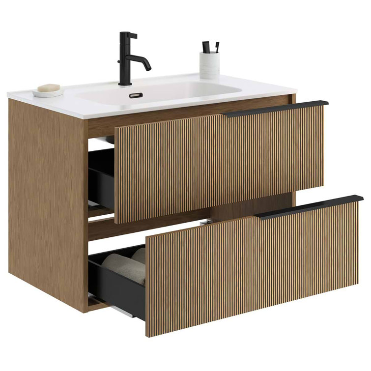 Demeter Medium Brown MDF Wall Mounted Vanity with White Ceramic Sink