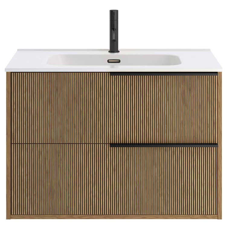 Demeter Medium Brown MDF Wall Mounted Vanity with White Ceramic Sink