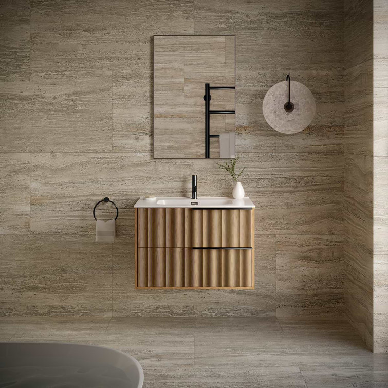 Demeter Medium Brown MDF Wall Mounted Vanity with White Ceramic Sink