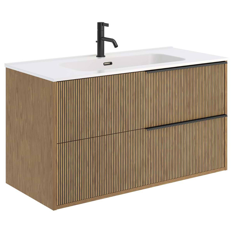 Kora 40" Medium Brown MDF Wall Mounted Vanity with White Ceramic Top