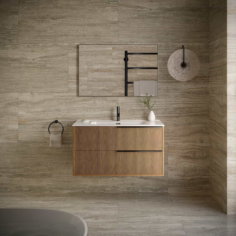 Kora 40" Medium Brown MDF Wall Mounted Vanity with White Ceramic Top