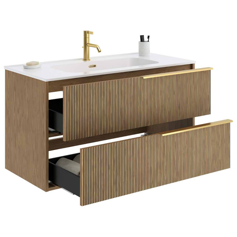 Demeter 40" Medium Brown MDF Wall Mounted Vanity with White Ceramic Top